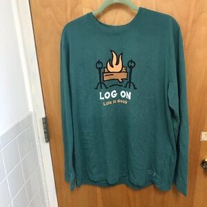 Life Is Good Long Sleeve Crusher Tee T Shirt Mens Size L Log On Spruce green NWT